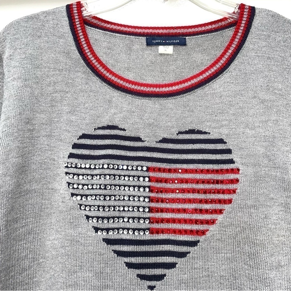 Tommy Hilfiger Embellished Heart Sweater Dress Size Large Gray Red Blue - Picture 6 of 11